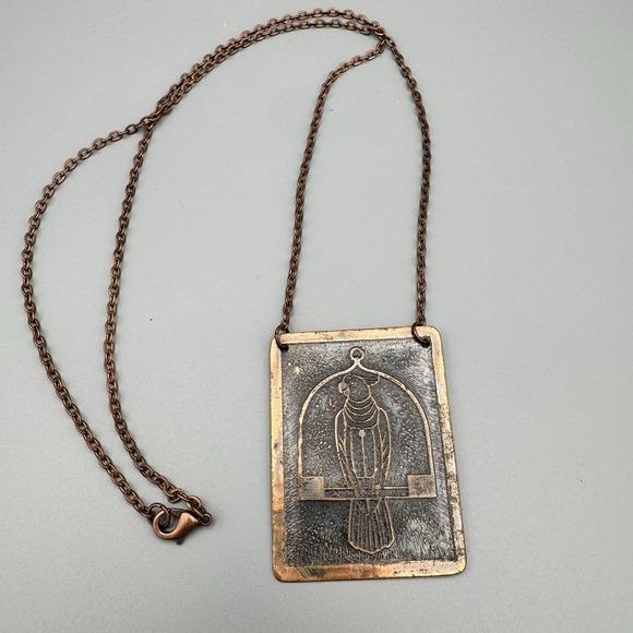 Oxidized Cooper Pendant Necklace Swinging Parakeet 24" Long Chain - Picture 1 of 6